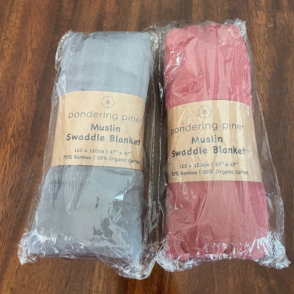 Pondering Pine Muslin Swaddle Blankets Set of 2 Red & Gray Cozy Comfy Bamboo!